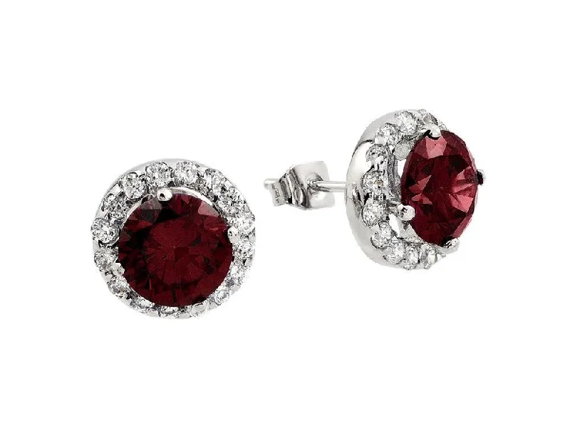 Simple Hoop Earrings for Women-Silver 925 Rhodium Plated Round Red CZ Stud Earrings - BGE00368R