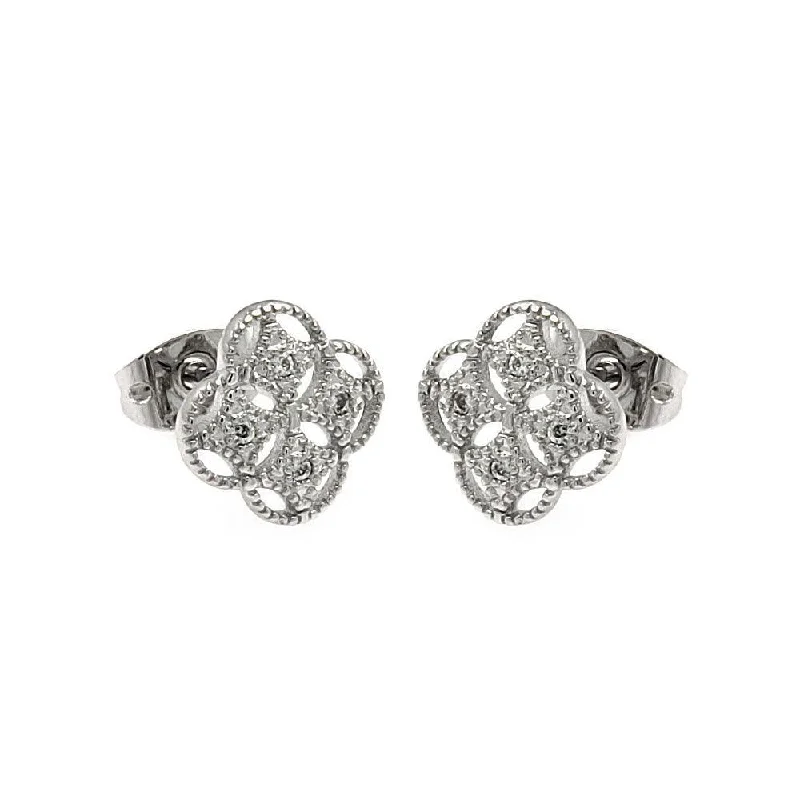 Customizable Earrings-Silver 925 Rhodium Plated Clover CZ Stud Earrings - BGE00250