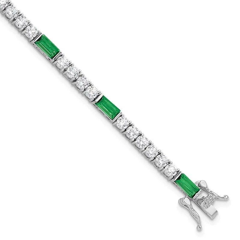 Boho Style Bracelets-Sterling Silver Rhodium-plated Green and White CZ 7.25 inch Tennis Bracelet