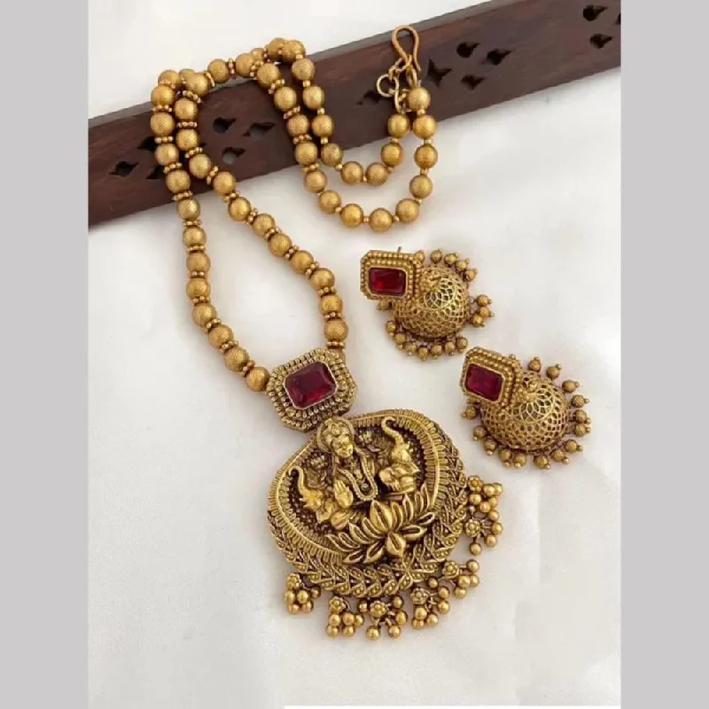 Gold and Silver Necklaces-Joyful Jewel Art Matte Gold Plated Pota Stone And Temple Necklace Set