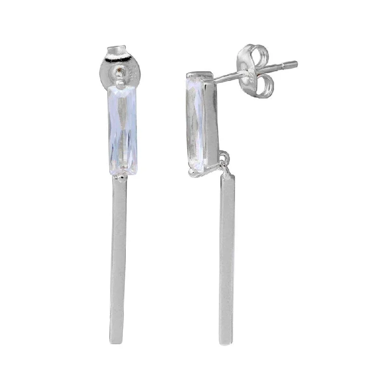 Classic Gemstone Earrings-Rhodium Plated 925 Sterling Silver Rectangle CZ Earrings with Dangling Bar - STE01085RH