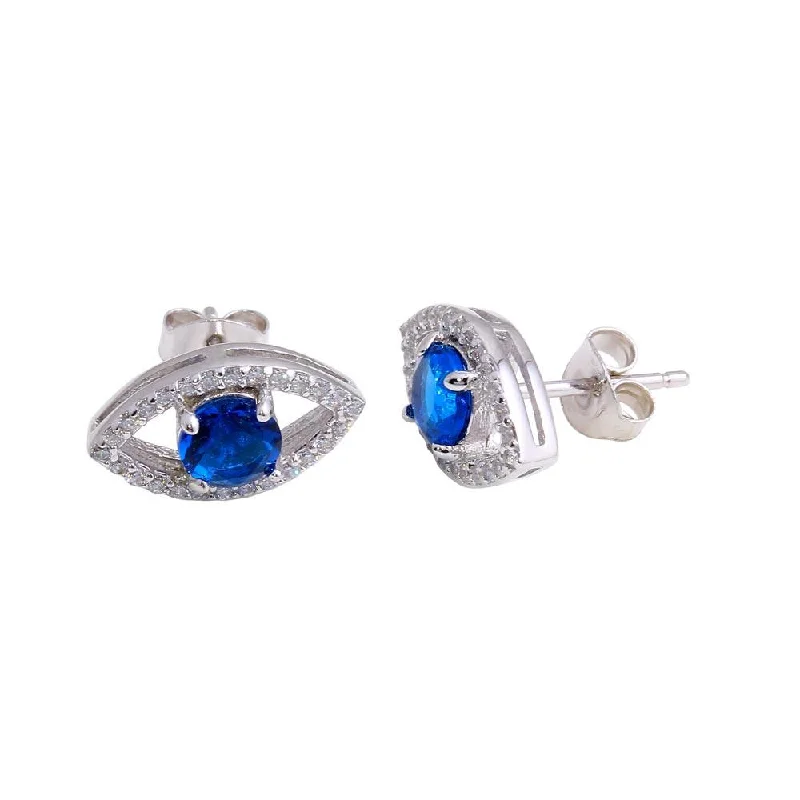 Modern Earrings for Women-Rhodium Plated 925 Sterling Silver Blue CZ Center Evil Eye Stud Earrings - BGE00600