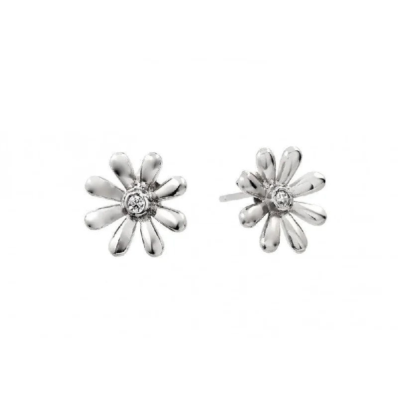 Glittery Silver Earrings-Silver 925 Rhodium Plated Flower CZ Stud Earrings - BGE00396