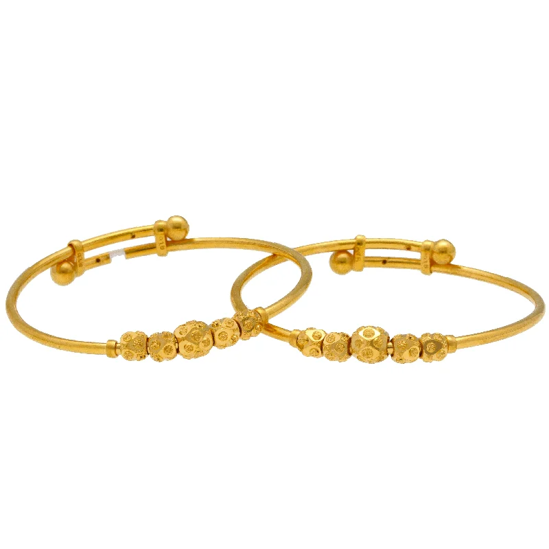 Custom Gold Bangle Bracelets-22K Yellow Gold Baby Bangles Set of 2 W/ Adjustable Bands & Shambala Gold Beads