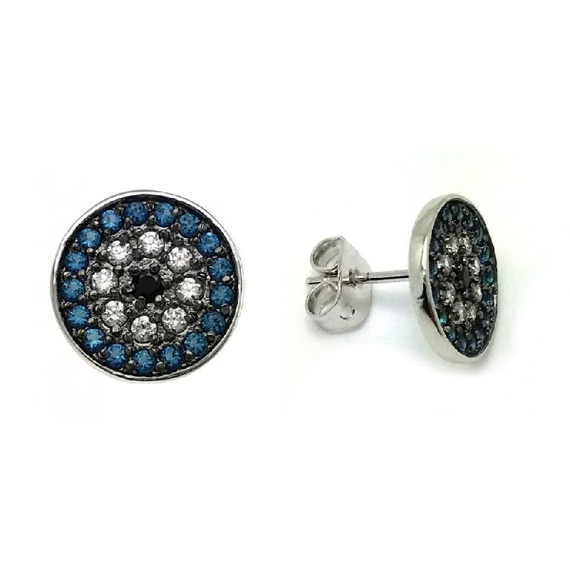 Bridal Earrings-Silver 925 Rhodium Plated Blue and Black and Clear CZ Inlay Stud Earrings - BGE00405