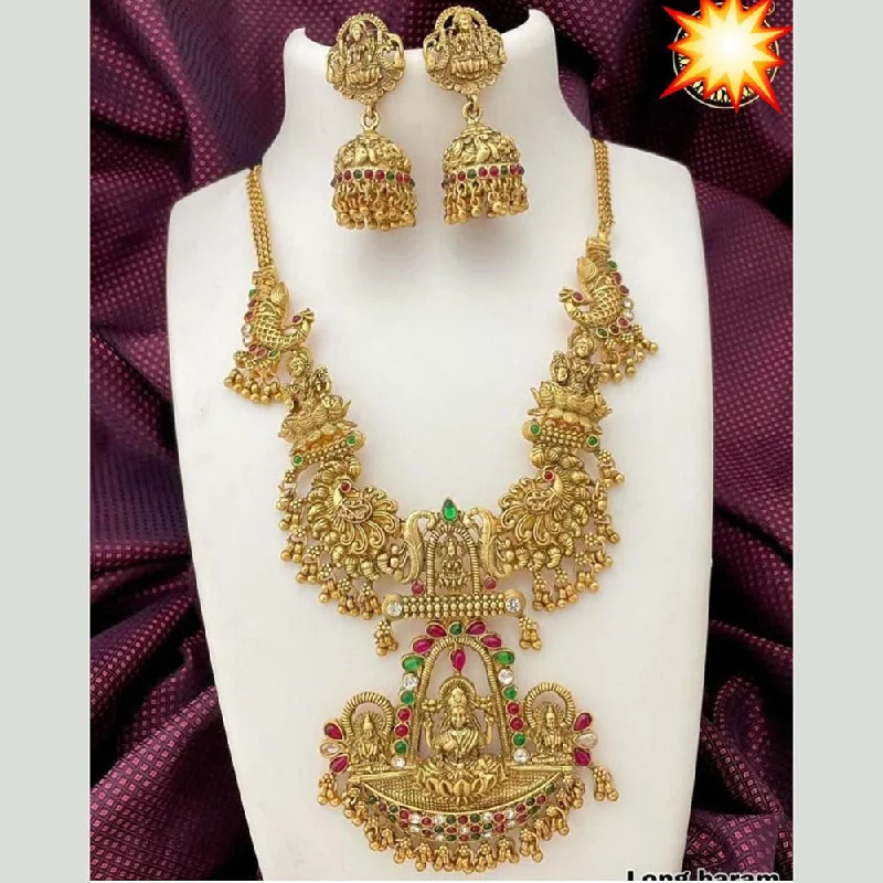 Designer Gemstone Necklaces-Sai Fashion Gold Plated Pota Stone And Pearls Temple Necklace Set