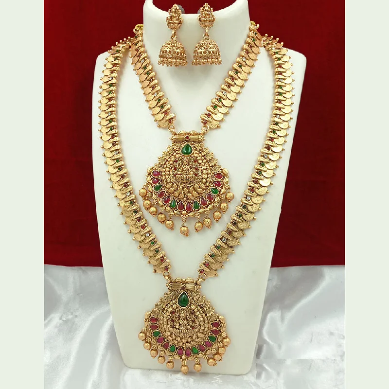 Luxury Crystal Necklaces-Joyful Jewel Art Matte Gold Plated Pota Stone Temple Long Necklace Combo