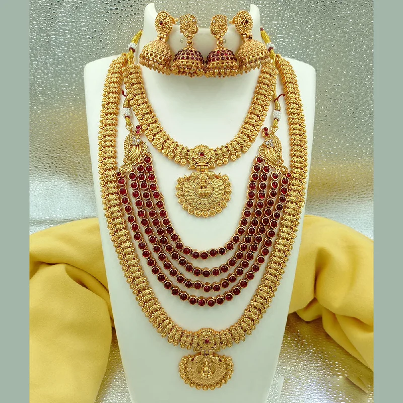 Wedding Gold Necklaces-Joyful Jewel Art Matte Gold Plated Pota Stone Temple Long Necklace Combo