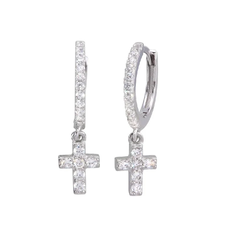 Chic Pearl Earrings-Rhodium Plated 925 Sterling Silver Dangling Cross CZ huggie hoop Earrings - STE01211