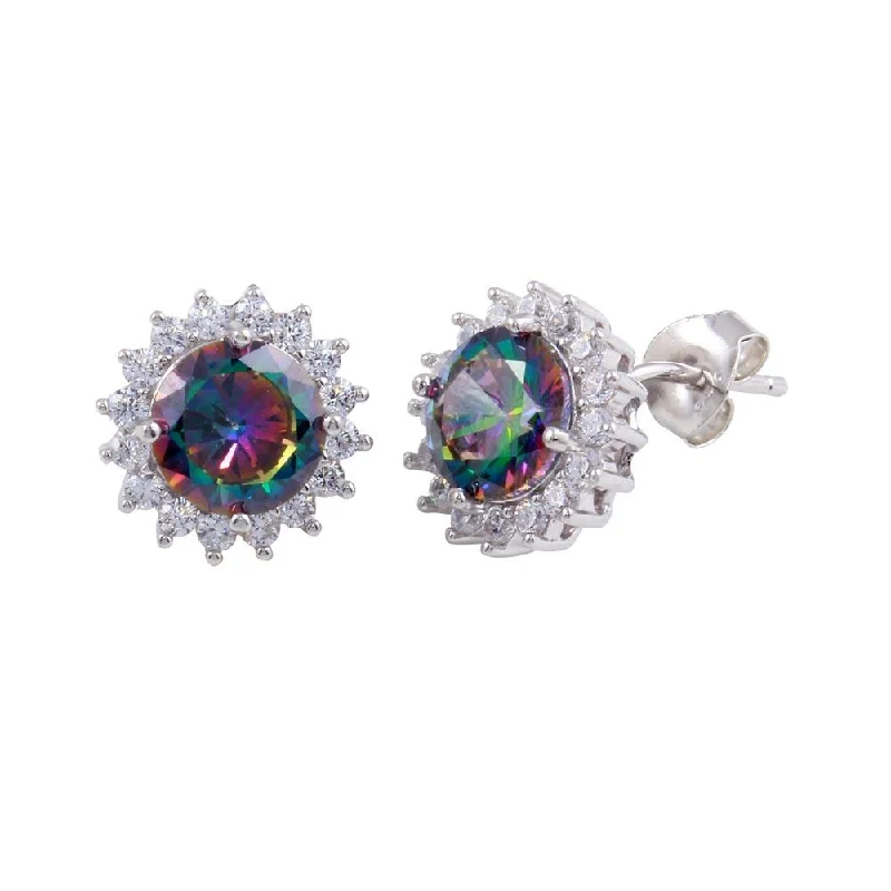 Elegant Wedding Earrings-Rhodium Plated 925 Sterling Silver Halo Synthetic Mystic Topaz Earrings - BGE00615