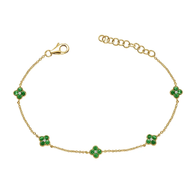 Gold Bangle Bracelets-Diamond & Emerald Clover Bracelet made in 14K Gold