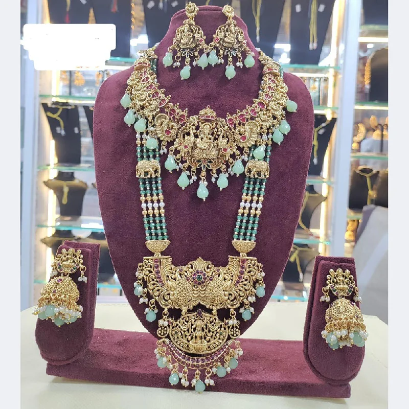 Custom Silver Necklaces-Sai Fashion Gold Plated Pota Stone And Beads Temple Bridal Necklace Combo