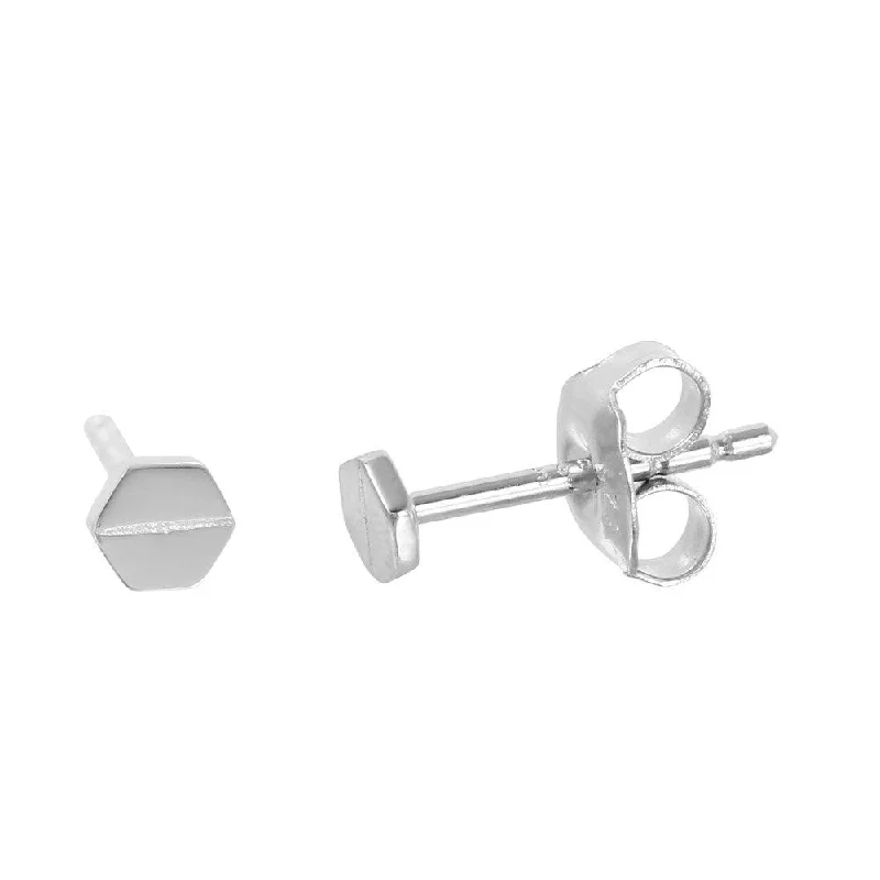 Luxury Gemstone Earrings-Silver 925 Rhodium Plated Flat Hexagon Shaped Stud Earrings - GME00017RH