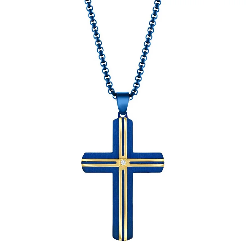 Classic Silver Chain Necklaces-Men's Necklace - Steel Blue and YG Plated Lined White CZ Cross | SL-7131