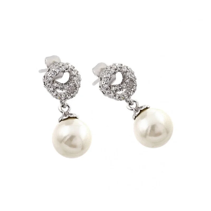 Sparkly Gold Earrings-Silver 925 Rhodium Plated CZ Dangling Pearl Stud Earrings - BGE00244