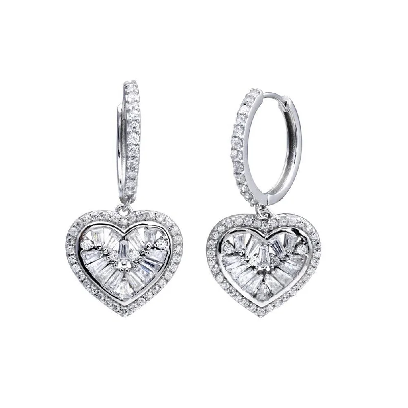 Gold Dangle Earrings-Rhodium Plated 925 Sterling Silver CZ Hoop Dangling Heart Earring - STE01318