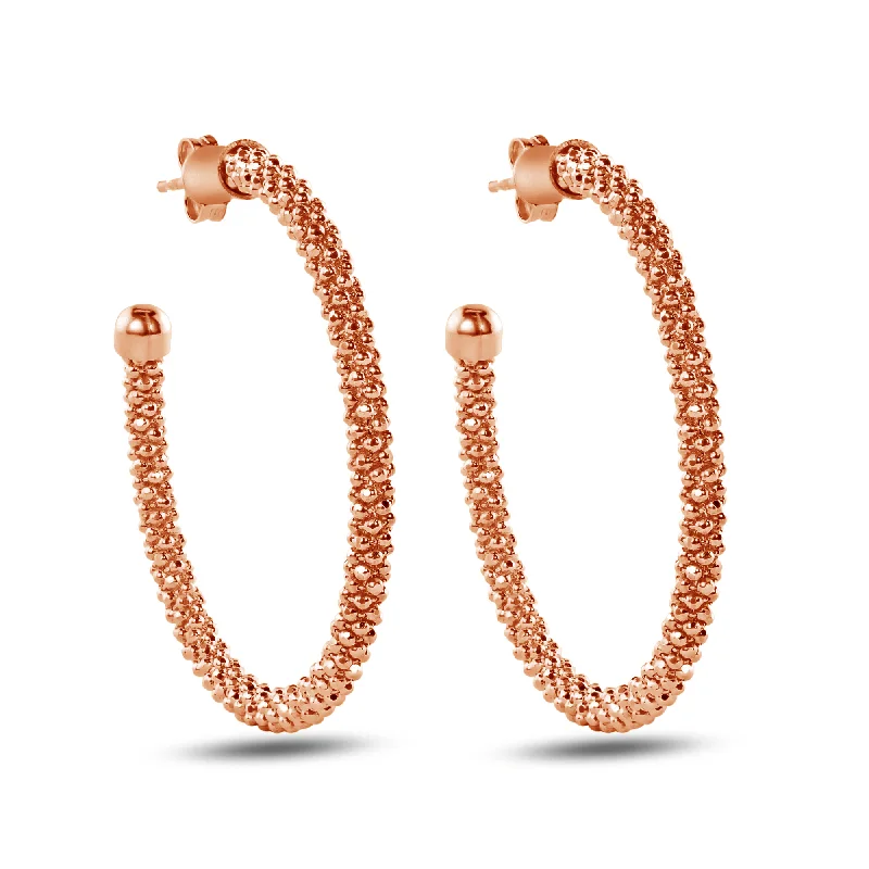 Elegant Gold Earrings-Clearance- Sterling Rose Gold Plated 925 Sterling Silver Beaded Semi Hoop Earrings - ITE00045RGP