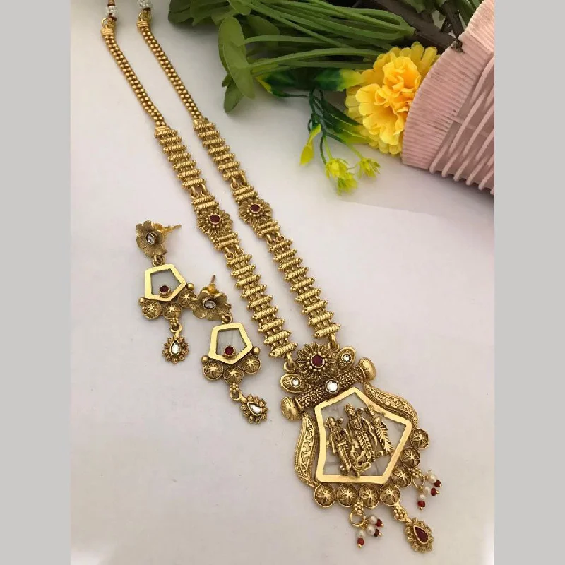 Boho Necklace for Women-FS Collection Gold Plated Pota Stone Temple Long Necklace Set