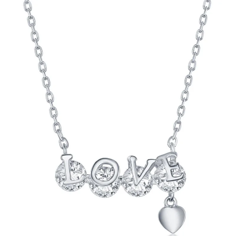 Sparkling Diamond Pendant Necklaces-Classic Women's Necklace - Sterling Silver LOVE Bar White CZ Heart Charm | M-6599