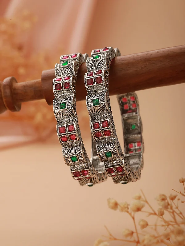 Stunning Diamond Bangles-Set Of 2 Oxidized Silver-Plated Red & Green Stone Studded Bangles