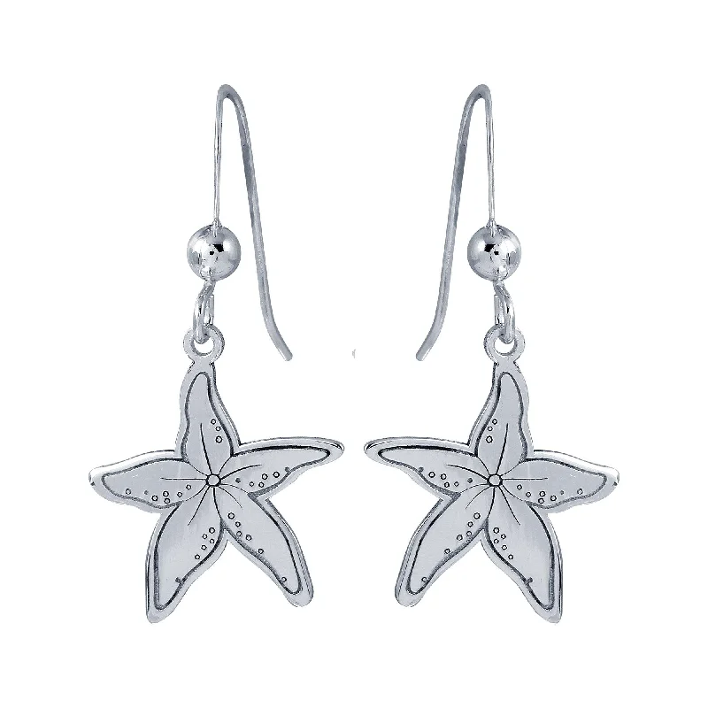 Long Dangle Earrings-Rhodium Plated 925 Sterling Silver Dangling Starfish Earrings - SOE00038