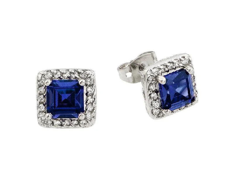 Bridal Earrings for Weddings-Silver 925 Rhodium Plated Blue Square CZ Stud Earrings - BGE00359B