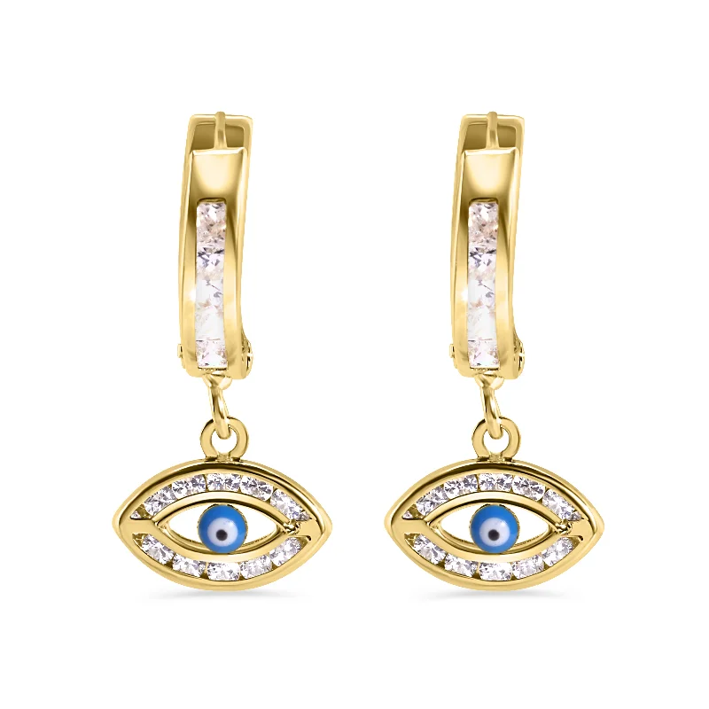 Pearl Drop Earrings-14E00457. - 14 Karat Yellow Gold 11.7mm Hoop Studded Clear CZ Evil Eye Latch Box Earrings