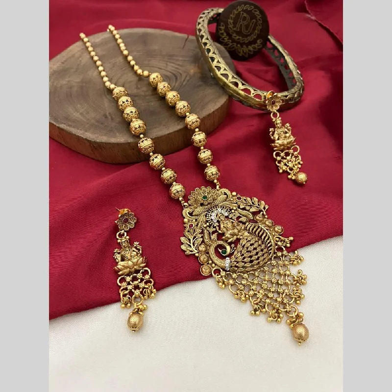 High-Quality Gold Necklaces-FS Collection Gold Plated Pota Stone And Pearls Temple Long Necklace Set