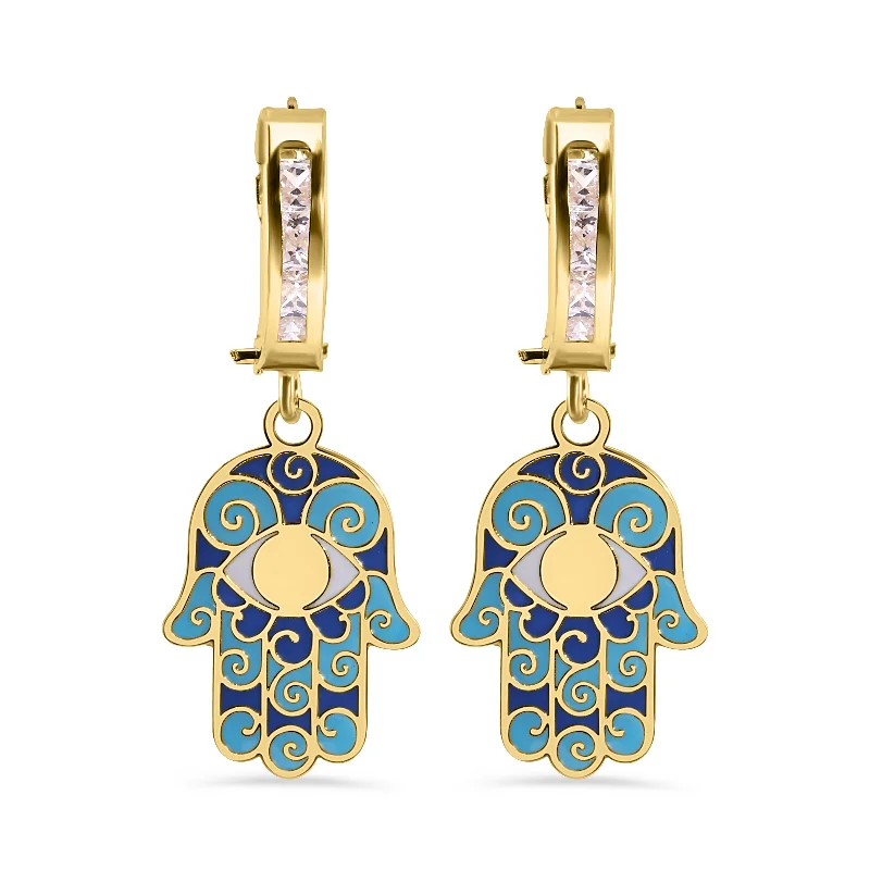 Stylish Stud Earrings for Women-14E00459. - 14 Karat Yellow Gold 11.7mm Hoop Studded Clear CZ Enamel Hamsa Latch Box Earrings