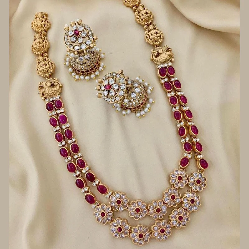 Simple Silver Necklaces-FS Collection Gold Plated Crystal Stone Temple Long Necklace Set