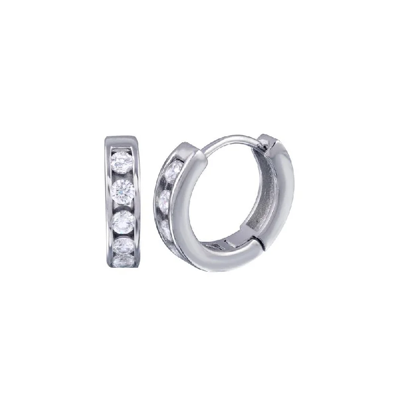 Glittery Silver Earrings-Silver 925 Rhodium Plated Channel Clear CZ huggie hoop Earrings - AAE00008-10MM