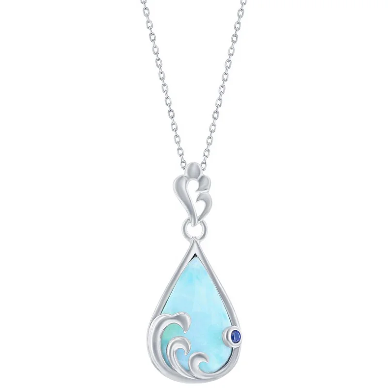 Chunky Statement Necklaces-Women's Necklace - Larimar and Blue CZ Pearshaped Wave | M-6909