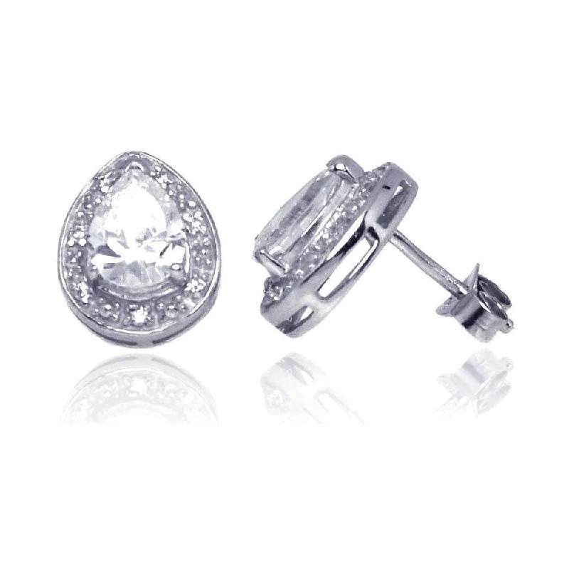 Custom Made Earrings-Silver 925 Rhodium Plated Teardrop CZ Stud Earrings - STE00930