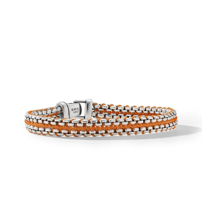 Beautiful Designer Bracelets-DY Gents Woven Box Chain Bracelet in Sterling Silver with Orange Nylon