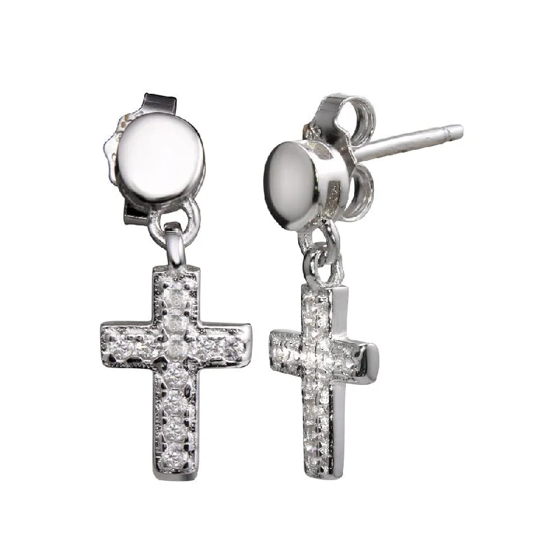 Round Hoop Earrings-Rhodium Plated 925 Sterling Silver Mini Dangling Cross Earrings - STE01156RH