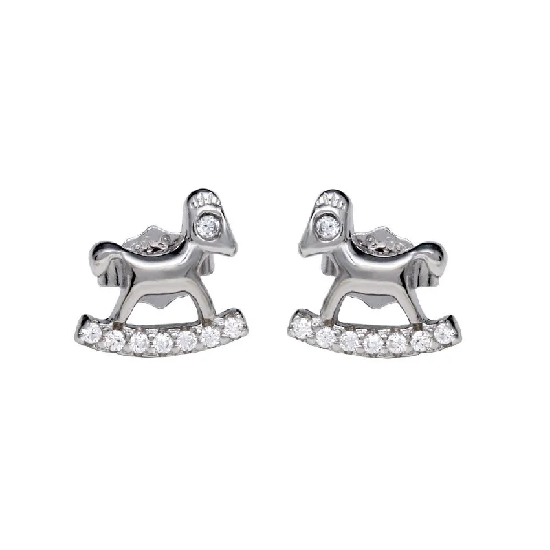 Minimalist Earrings-Rhodium Plated 925 Sterling Silver Rocking Horse Stud Earrings with CZ - STE01159RH