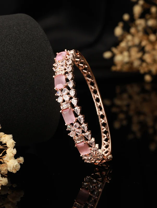 Customizable Bangles-Rose Gold Plated & Pink American Diamond Studded Bangle Style Bracelet