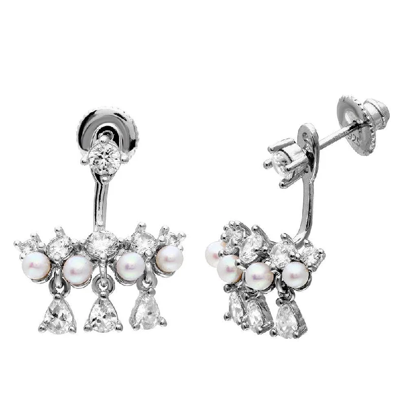 Pretty Pearl Earrings-Silver 925 Rhodium Plated Chandelier CZ and Fresh Water Pearl Dangling Earrings - GME00068RH