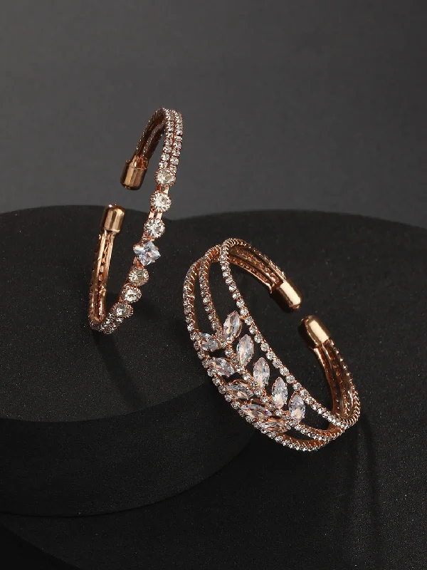 Custom Gold Bangles-Set Of 2 Rose Gold-Plated White Crystal Studded Bangle Style Cuff Bracelet