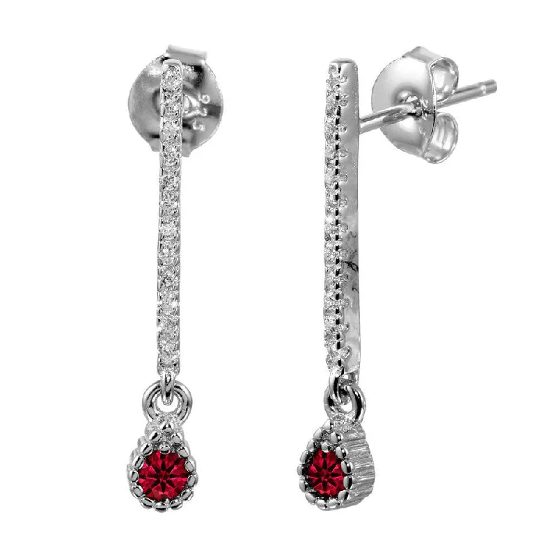 Trendy Silver Earrings-Rhodium Plated 925 Sterling Silver Red CZ Bar Drop Earrings - BGE00557RED