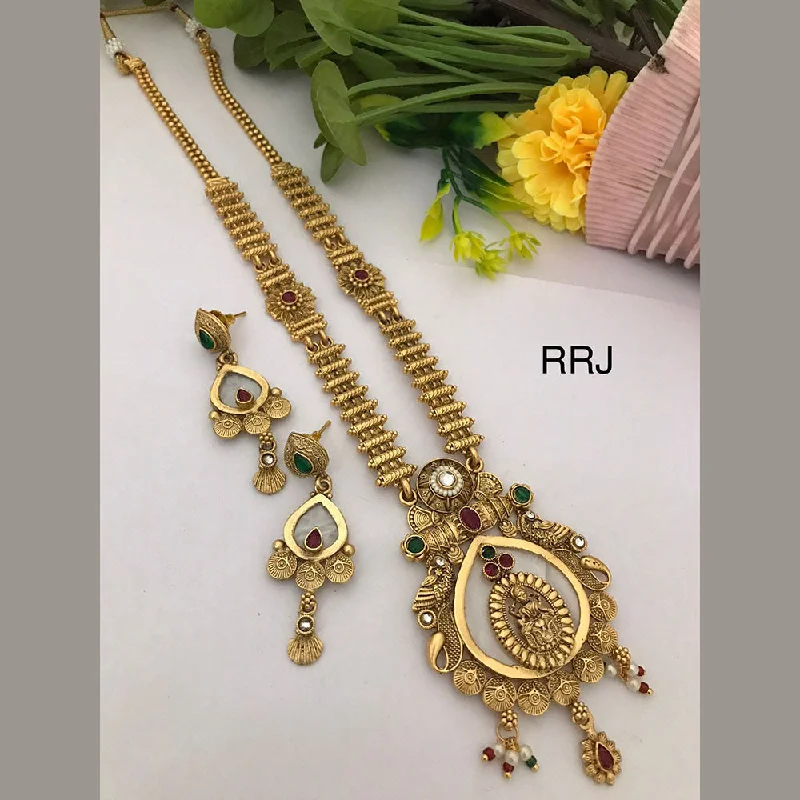 Handmade Gold Necklaces-FS Collection Gold Plated Pota Stone Temple Necklace Set