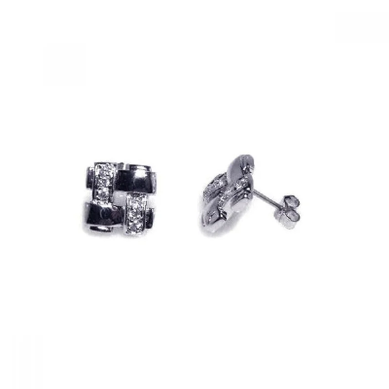 Minimalist Earrings for Women-Clearance-Silver 925 Rhodium Plated Weaved Square CZ Stud Earrings - STE00149