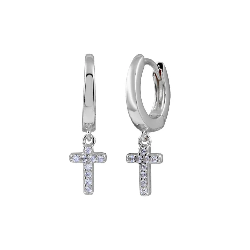 Fashionable Pearl Earrings-Rhodium Plated 925 Sterling Silver CZ huggie hoop Cross Earring - STE01279RH