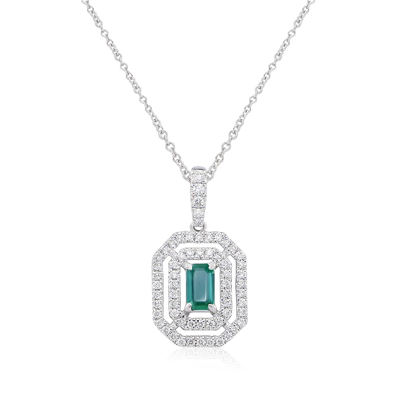 Personalized Gemstone Necklaces-EMERALD AND DIAMOND HALO NECKLACE