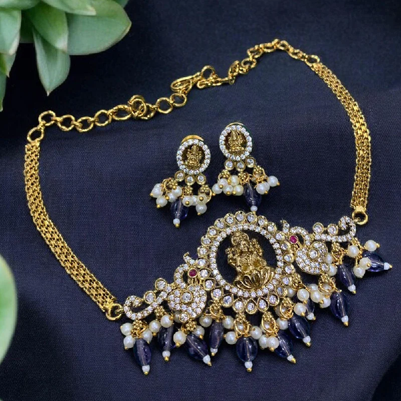 Diamond Pendant Necklaces-Sona Creation Gold Plated Austrian Stone And Beads Temple Choker Necklace Set