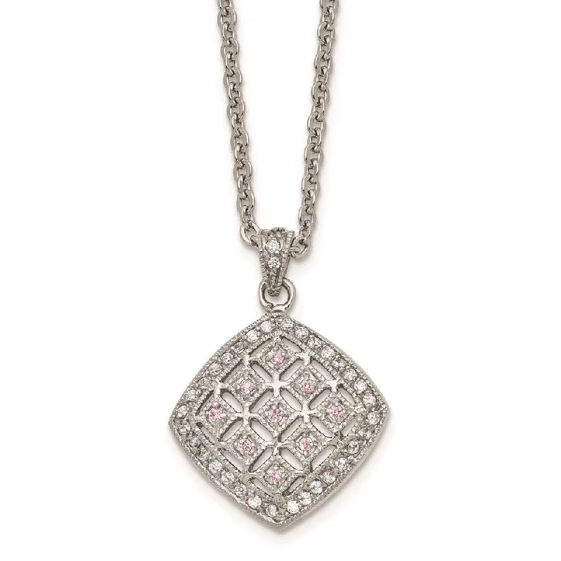 Layered Chain Necklaces-Stainless Steel Polished Clear and Pink CZ Square Necklace