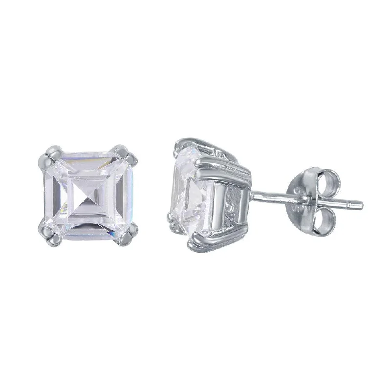 Custom Gemstone Earrings-Silver 925 Rhodium Plated Square CZ Solitaire Stud Earrings - BGE00452