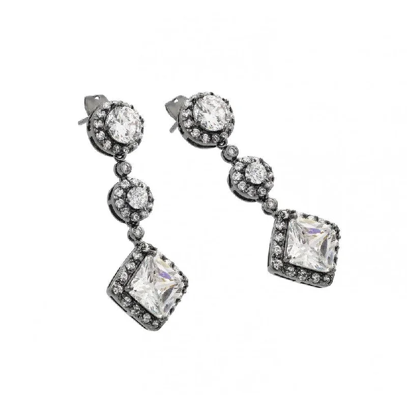 Handmade Gemstone Earrings-Silver 925 Rhodium Plated Graduated Round Square CZ Stud Earrings BGE00279