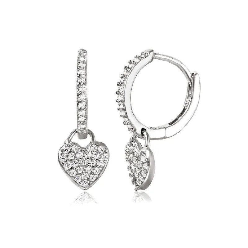 Crystal Drop Earrings-Silver 925 Rhodium Plated Hoop with Hanging Heart Earrings - STE01042