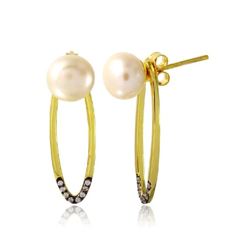 Gold Gemstone Earrings-Gold Plated 925 Sterling Silver Fresh Water Pearl with Hanging Open Oval CZ - BGE00549